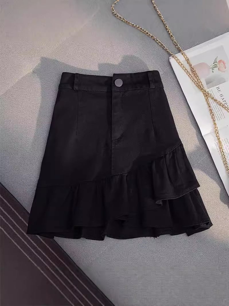 Irregular Ruffle Skirt 2024 Autumn High Waist A- Shaped Hip Slim White Denim Skirt Women'S Anti-Light - Image 2