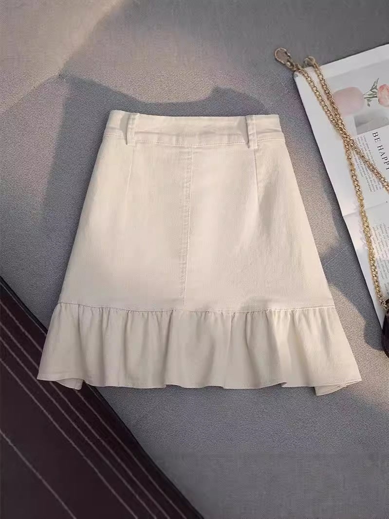 Irregular Ruffle Skirt 2024 Autumn High Waist A- Shaped Hip Slim White Denim Skirt Women'S Anti-Light - Image 4