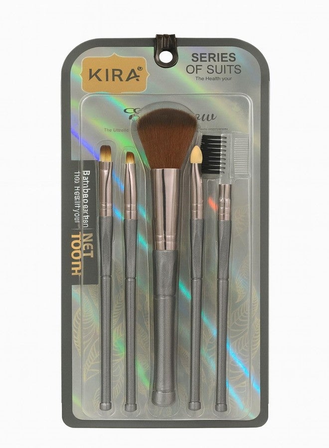 KIRA Professional 5PC Makeup Brush Set - Powder, Eyeshadow, Lip, Sponge & Brow-Lash Comb for Complete Face & Eye Makeup (grey) - Image 1