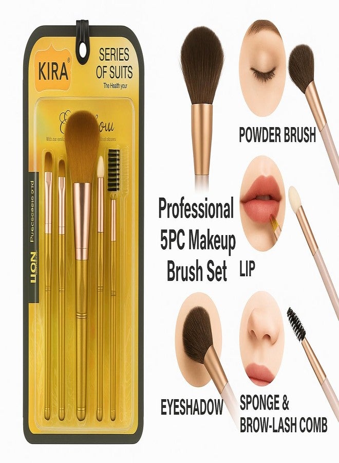 KIRA Professional 5PC Makeup Brush Set - Powder, Eyeshadow, Lip, Sponge & Brow-Lash Comb for Complete Face & Eye Makeup (grey) - Image 3