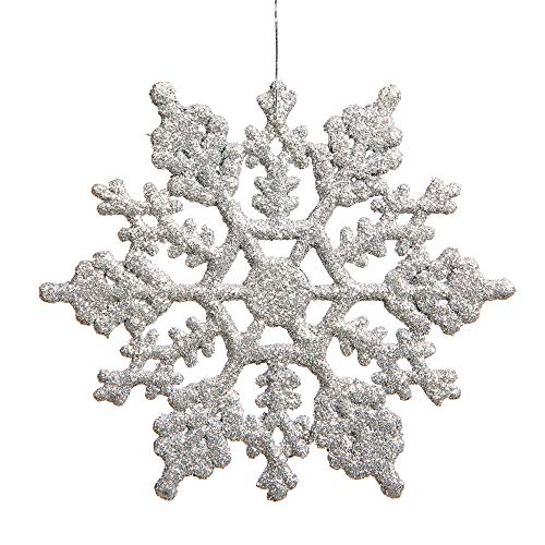 Vickerman 4 Silver Glitter Snowflake Ornament Set  Sparkly Shatterproof Snowflakes with Matching Glitter Accents and Nylon Hanging String 24 Snowflakes per Box