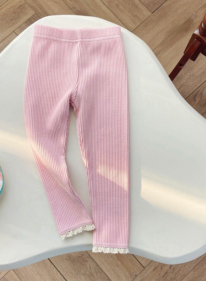 Loquat Girls Thermal Underwear Pants Cotton Soft Long Johns Base Layer Bottom Kid's Lace Splicing Pants Pink 