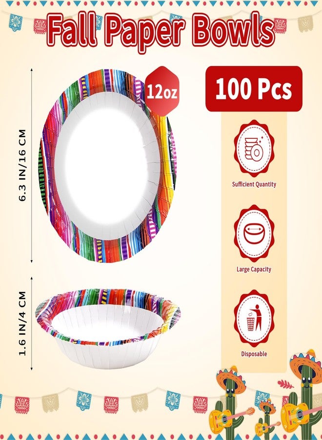 Grencian 100Pcs Mexican Fiesta Paper Bowls 12 Oz Heavy Duty Colorful Mexican Stripes Soup Bowls Disposable Mexico Taco Ice Cream Cups for Cinco De Mayo Mexico Baby Shower Wedding Carnival Party Decorations - Image 2