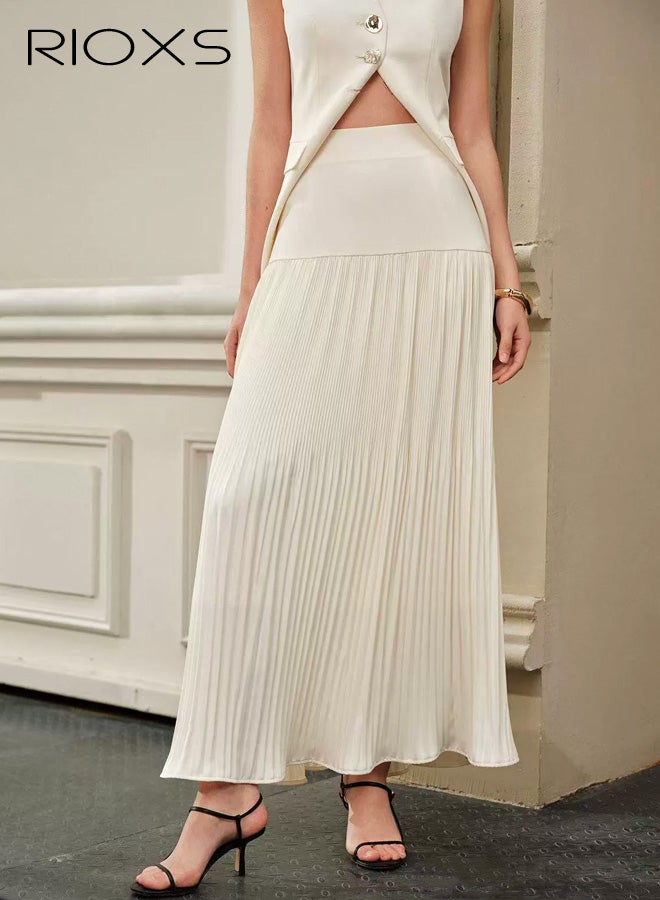 RIOXS Women's Ice Silk Pleated Flowy Maxi Skirts, Elegant Solid High Waist A Line Long Skirt for Vacation Dating Commuting - Image 1