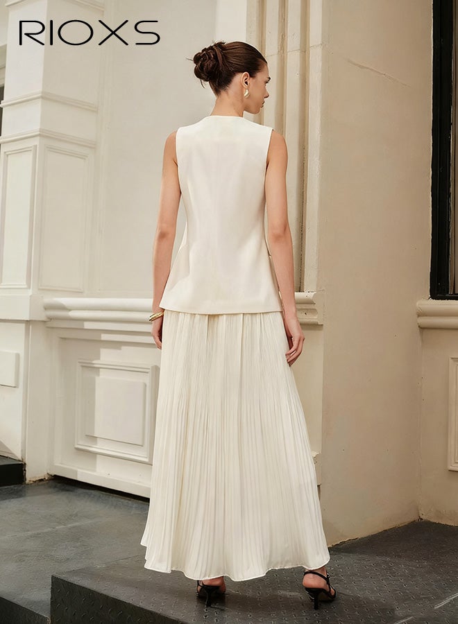 RIOXS Women's Ice Silk Pleated Flowy Maxi Skirts, Elegant Solid High Waist A Line Long Skirt for Vacation Dating Commuting - Image 3