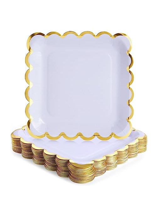 Sparkle and Bash 48Pack Pastel Purple Square Paper Plates Gold Foil Scalloped Edge 9 in