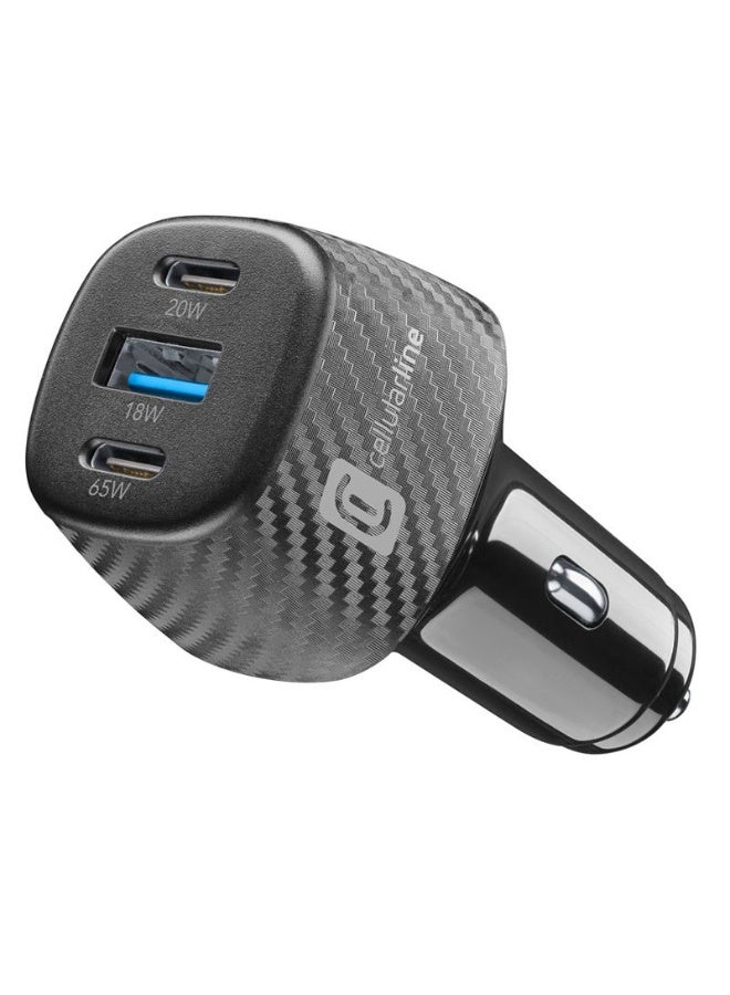 سيلولار لاين محول شاحن سيارة Cellularline USB-C بقدرة 65 واط لأجهزة اللابتوب – 3 منافذ، شحن سريع، أسود - Image 1