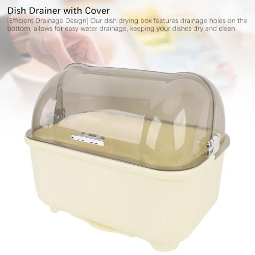Sunisfa Draining Dish Drying Rack Efficiently, Large Capacity Plastic Drainer with Dust Proof Cover for Kitchen, Cream White - Image 5
