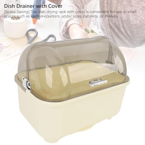 Sunisfa Draining Dish Drying Rack Efficiently, Large Capacity Plastic Drainer with Dust Proof Cover for Kitchen, Cream White - Image 4