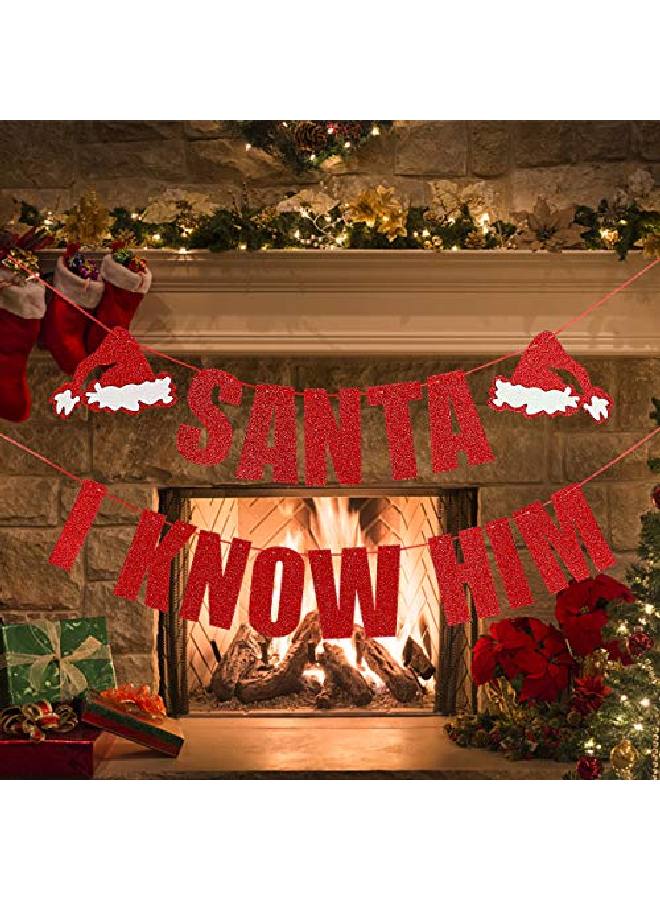 LeeSky Santa I Know Him Banner Red Glitter Buddy The Elf Party Supplies Grinch Cutout Buddy Elf Decorations Christmas Party Decorations Santa Cutout Santa Face Cutout Christmas Mantle Home Decor - Image 2