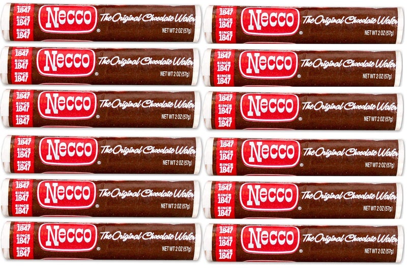 Necco Wafers Original Chocolate Flavored Hard Candy Rolls Bundle of 12 Rolls 2 Ounce Pack of 12