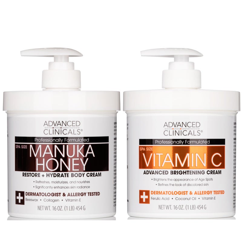 Advanced Clinicals Vitamin C Brightening Cream + Manuka Honey Body Lotion & Face Moisturizer 2pc Skincare Set For Women & Men | Body Butter Creams Help Reduce Appearance Of Dark Spots & Dry Skin, 2pc - Image 1