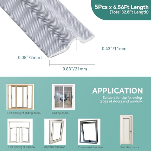 MOPMS Draft Stopper Sweep, Door Weatherproofing Stripping, Window Seal Strip Self-adhisive Soundproof Cuttable Weather Length 32.8 Ft (5 Pcs x 6.56 Ft), Grey - Image 2