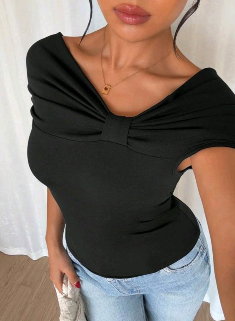 Shein SHEIN French ElegantBLOUSE Women Summer New Unique Design Bowknot Off Shoulder Short Sleeve  - Image 4