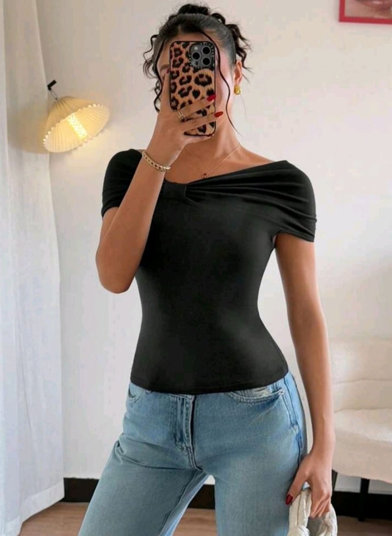 Shein SHEIN French ElegantBLOUSE Women Summer New Unique Design Bowknot Off Shoulder Short Sleeve  - Image 5