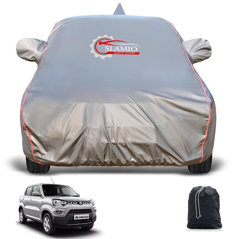 Slamio Heavy-Duty Car Body Cover for Maruti Suzuki S-Presso (2019-2025) | Waterproof, Dustproof, UV Protection, Custom Fit, Heavy Belt & Buckle with Mirror & Antenna Pocket | Dark Grey - Image 1