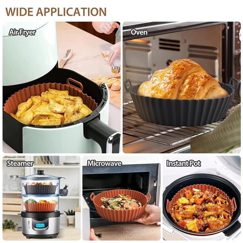 Puno Air Fryer Liners I Round Silicone Basket Baking Tray I Pot with Ear Handles I Nonstick Reusable Heat Resistant I Cooking Oven Insert Accessories - Multicolor (8 inch, Pack of 2) - Image 2