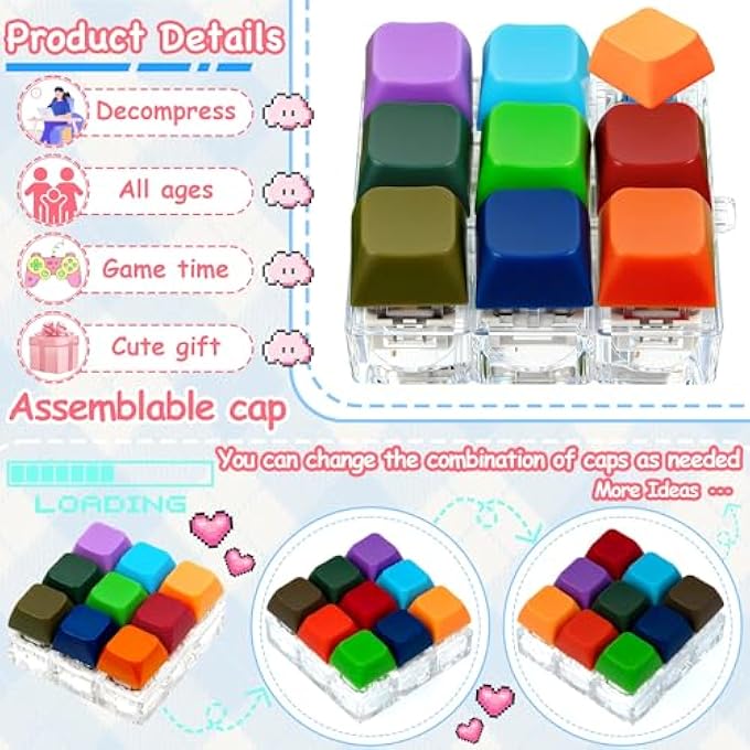 ILHSTY 9-in-1 Keyboard Fidget Toy Clicker Fidget Keychain, Stress Relief Desk Toys Decompression Button Keyboard with Removable Keycaps, Anxiety Relief Valentine's Day Gifts for Adult (9 Color-Bright) - Image 5