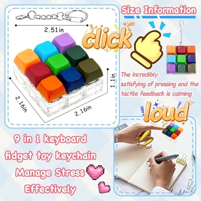 ILHSTY 9-in-1 Keyboard Fidget Toy Clicker Fidget Keychain, Stress Relief Desk Toys Decompression Button Keyboard with Removable Keycaps, Anxiety Relief Valentine's Day Gifts for Adult (9 Color-Bright) - Image 3