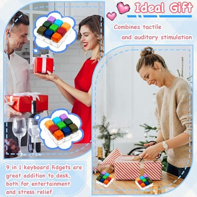 ILHSTY 9-in-1 Keyboard Fidget Toy Clicker Fidget Keychain, Stress Relief Desk Toys Decompression Button Keyboard with Removable Keycaps, Anxiety Relief Valentine's Day Gifts for Adult (9 Color-Bright) - Image 2