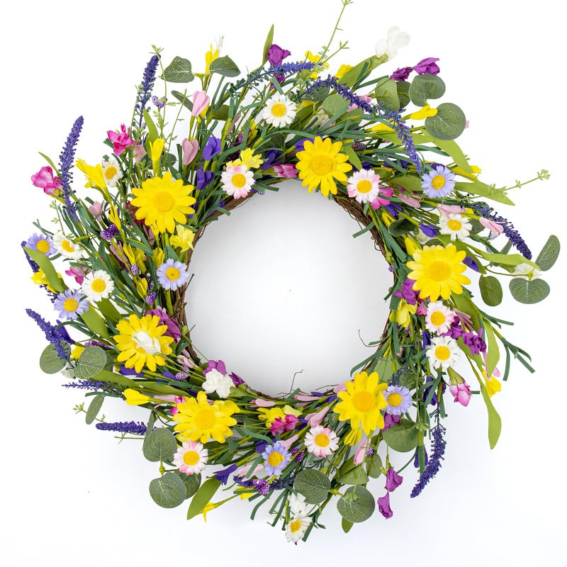 J'FLORU Artificial Spring Wreath Summer Wreaths for Front Door Floral Wreath with Daisy and Lavender for Indoor Outdoor Easter Celebration (18 Inch) - Image 1