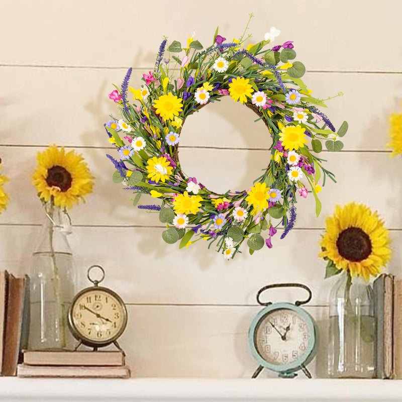 J'FLORU Artificial Spring Wreath Summer Wreaths for Front Door Floral Wreath with Daisy and Lavender for Indoor Outdoor Easter Celebration (18 Inch) - Image 3