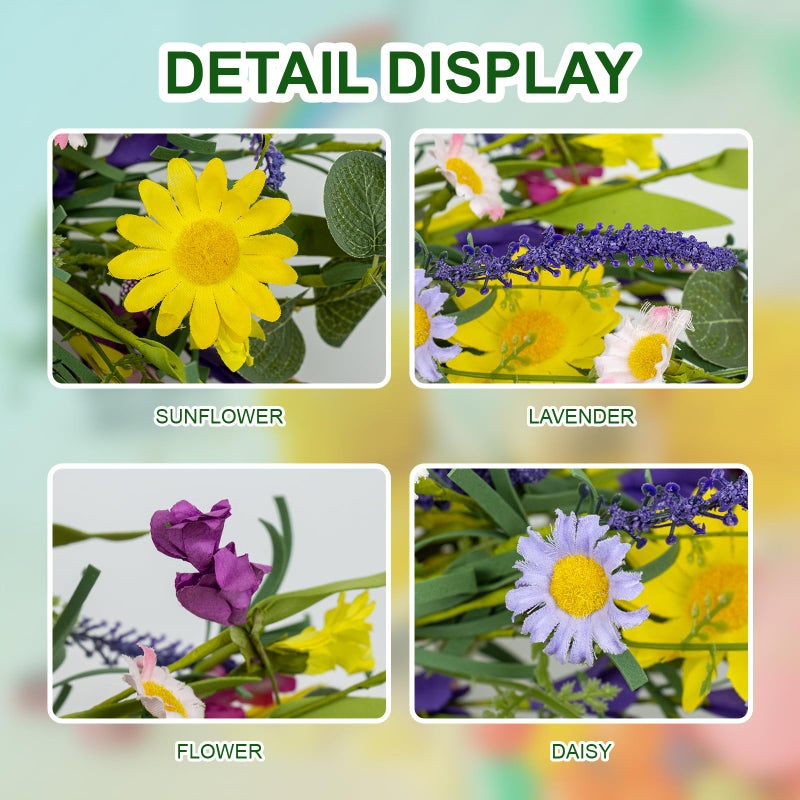 J'FLORU Artificial Spring Wreath Summer Wreaths for Front Door Floral Wreath with Daisy and Lavender for Indoor Outdoor Easter Celebration (18 Inch) - Image 4