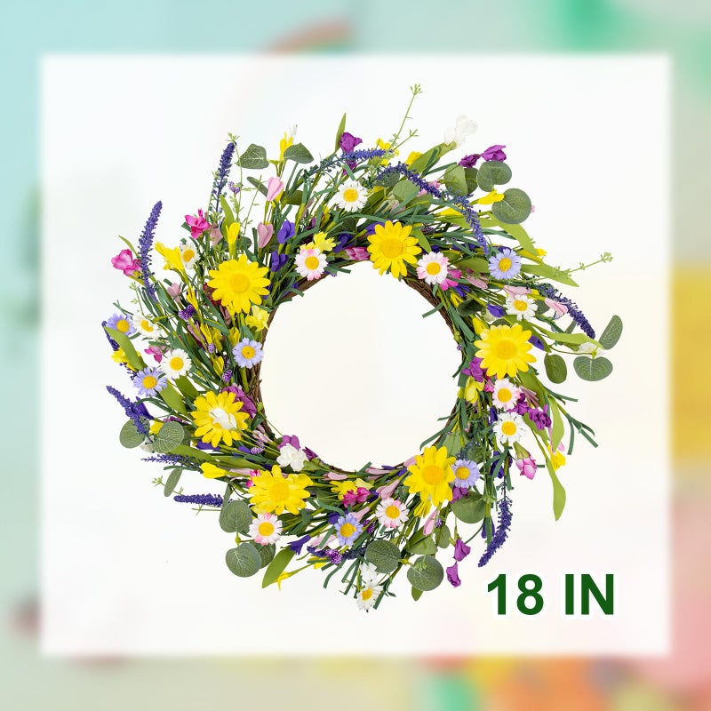 J'FLORU Artificial Spring Wreath Summer Wreaths for Front Door Floral Wreath with Daisy and Lavender for Indoor Outdoor Easter Celebration (18 Inch) - Image 5