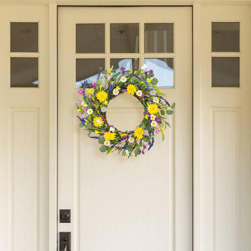 J'FLORU Artificial Spring Wreath Summer Wreaths for Front Door Floral Wreath with Daisy and Lavender for Indoor Outdoor Easter Celebration (18 Inch) - Image 2