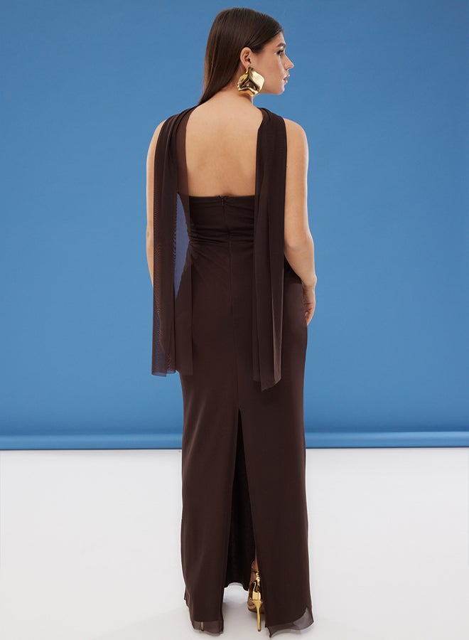 trendyol Brown Scarf Tulle Knitted Maxi Evening Dress & Graduation Dress  - Image 5