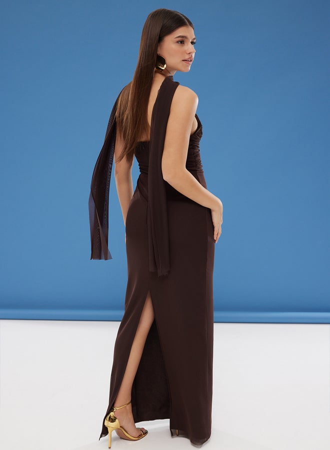 trendyol Brown Scarf Tulle Knitted Maxi Evening Dress & Graduation Dress  - Image 4
