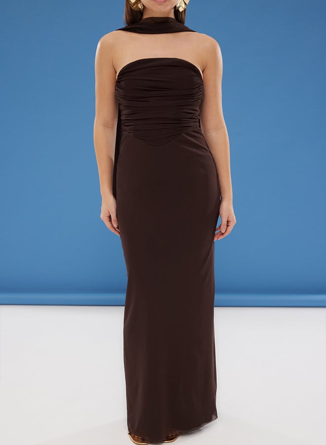 trendyol Brown Scarf Tulle Knitted Maxi Evening Dress & Graduation Dress  - Image 2
