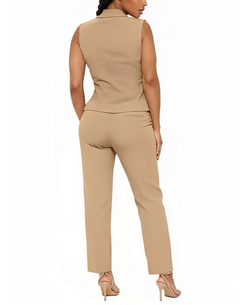 Kafiloe Pant Suits for Women Dressy 2 Piece Business Casual Outfits Sleeveless Blazer Vest Straight Pants Set Khaki M - Image 4