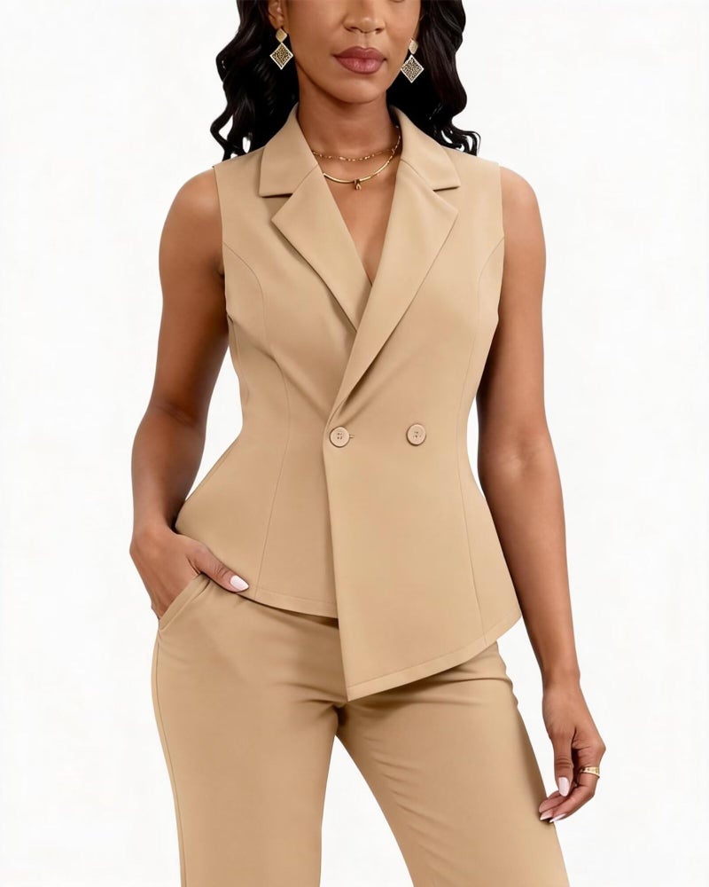 Kafiloe Pant Suits for Women Dressy 2 Piece Business Casual Outfits Sleeveless Blazer Vest Straight Pants Set Khaki M - Image 5