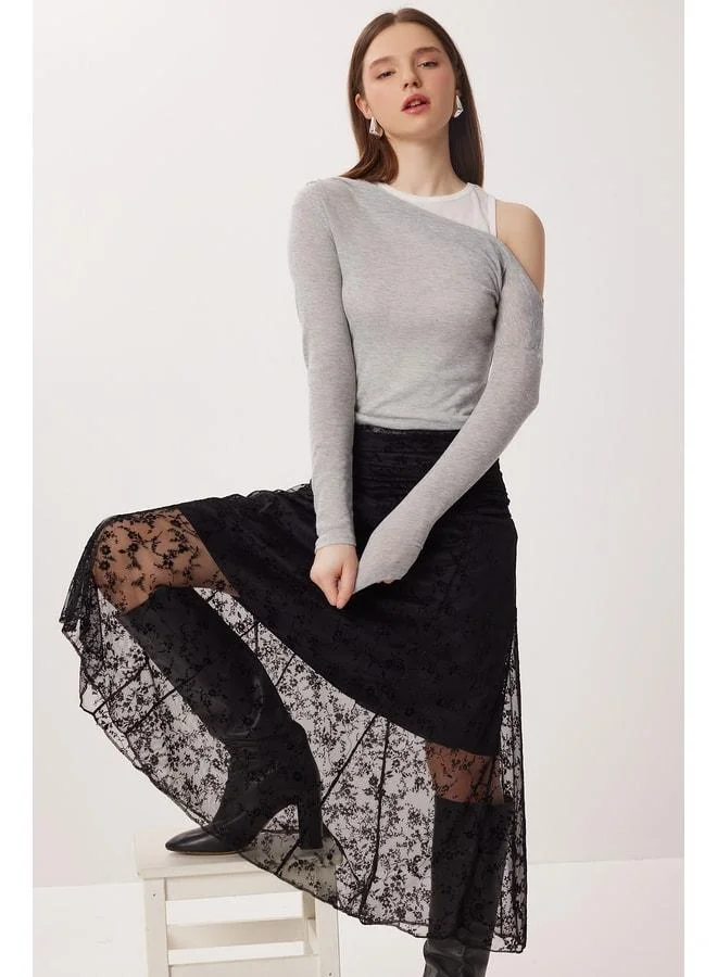 Lovely Istanbul Black Velvet-Patterned Pleated Tulle Skirt LNT0023.