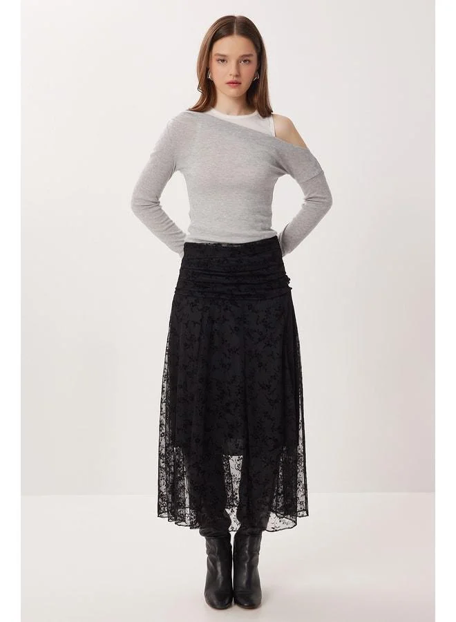 Lovely Istanbul Black Velvet-Patterned Pleated Tulle Skirt LNT0023.