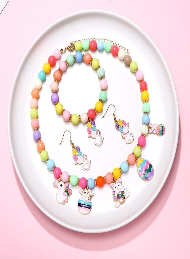 BVGA Easter Rainbow Beads Bunny Egg Pendant Necklace and Bracelet for Women Colorful Beaded Stretch Bracelet, Cute Enamel Rabbit Drop Earrings, Jewelry Sets, Holiday Favors Gift for Women - Image 2