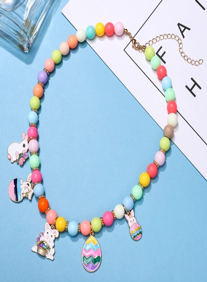 BVGA Easter Rainbow Beads Bunny Egg Pendant Necklace and Bracelet for Women Colorful Beaded Stretch Bracelet, Cute Enamel Rabbit Drop Earrings, Jewelry Sets, Holiday Favors Gift for Women - Image 3