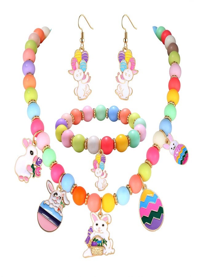 BVGA Easter Rainbow Beads Bunny Egg Pendant Necklace and Bracelet for Women Colorful Beaded Stretch Bracelet, Cute Enamel Rabbit Drop Earrings, Jewelry Sets, Holiday Favors Gift for Women - Image 1