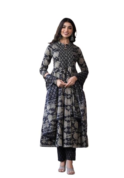 Varanga Women Black Mandarin Collar Embellished Yoke Three-Quarter Sleeves Paired With Printed Bottom And Dupatta - Image 1