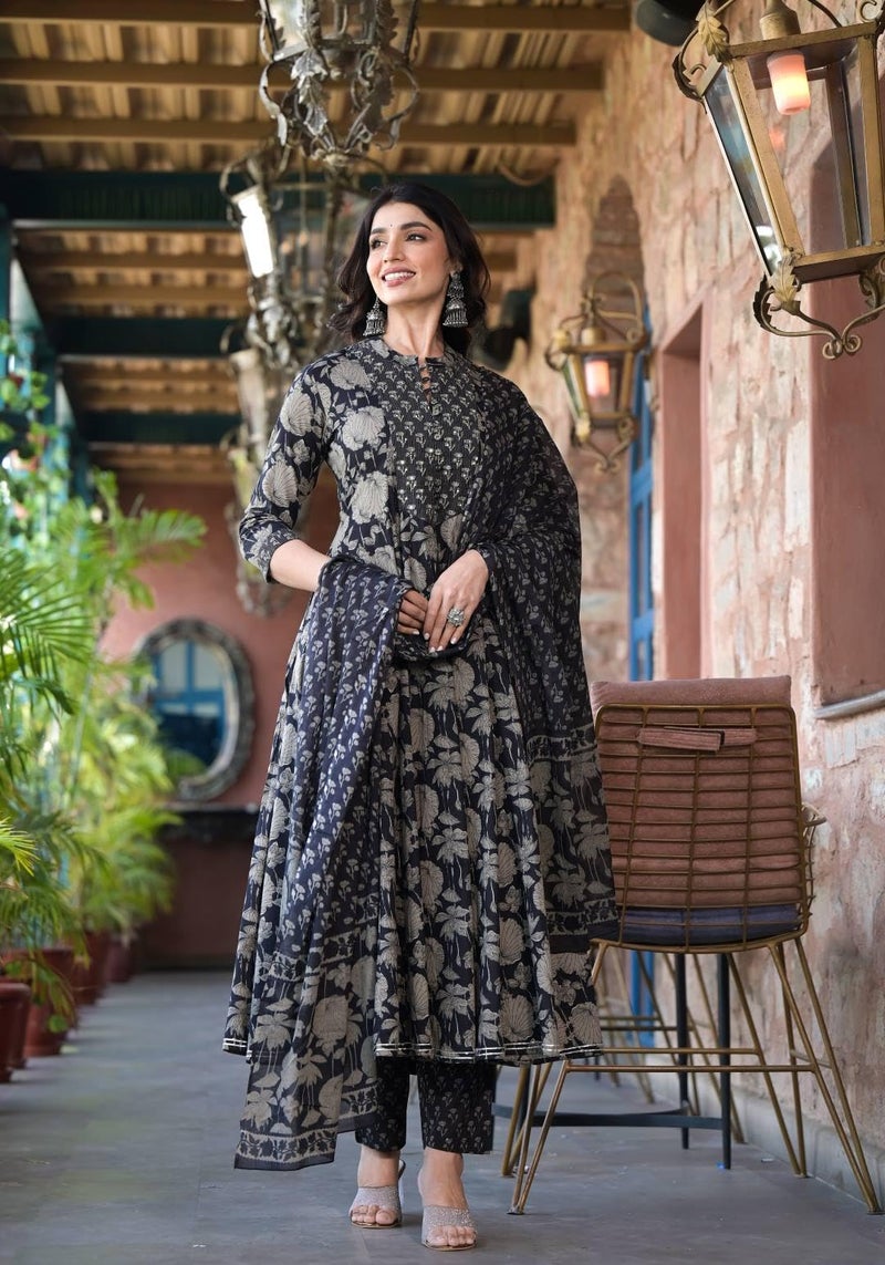 Varanga Women Black Mandarin Collar Embellished Yoke Three-Quarter Sleeves Paired With Printed Bottom And Dupatta - Image 5