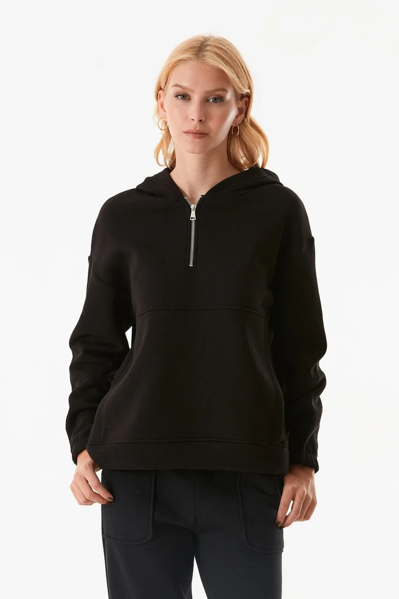 FullaModa Basic Oversize Half Zip Hooded Sweatshirt