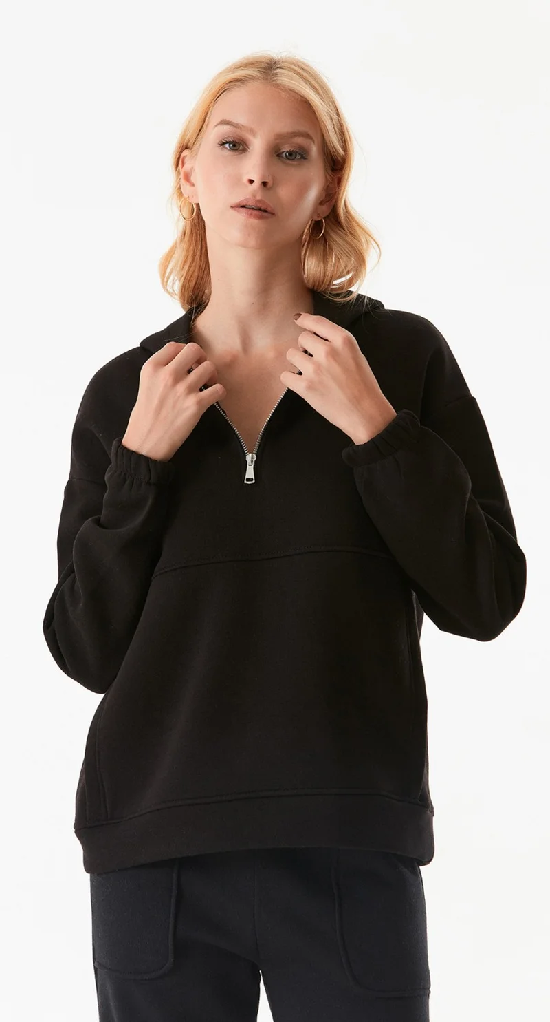 FullaModa Basic Oversize Half Zip Hooded Sweatshirt