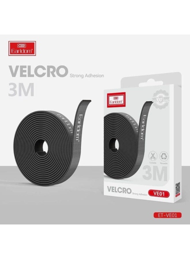Earldom Cable Organizer Strap VE01 Velcro – 3 Meter Roll | Strong Adhesive Hook & Loop Reusable Wire Management Tape – Black - Image 4