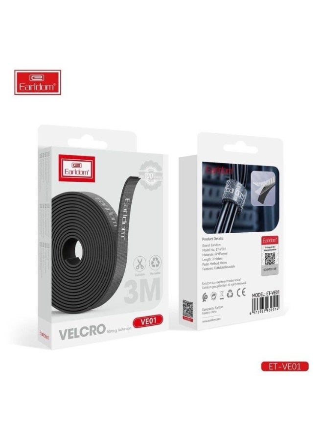 Earldom Cable Organizer Strap VE01 Velcro – 3 Meter Roll | Strong Adhesive Hook & Loop Reusable Wire Management Tape – Black - Image 1