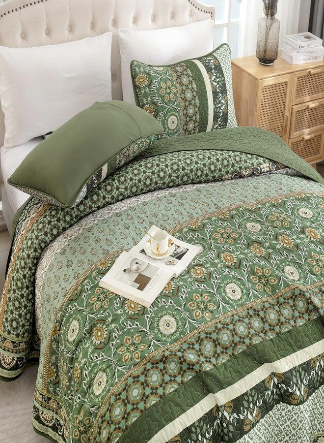 Yiran Queen Quilt Set Olive Green, Boho Vintage Bedspreads Bedding Set, Lightweight Bohemia Coverlet Set with 2 Shams for Bed 96x90 Inch - Image 3