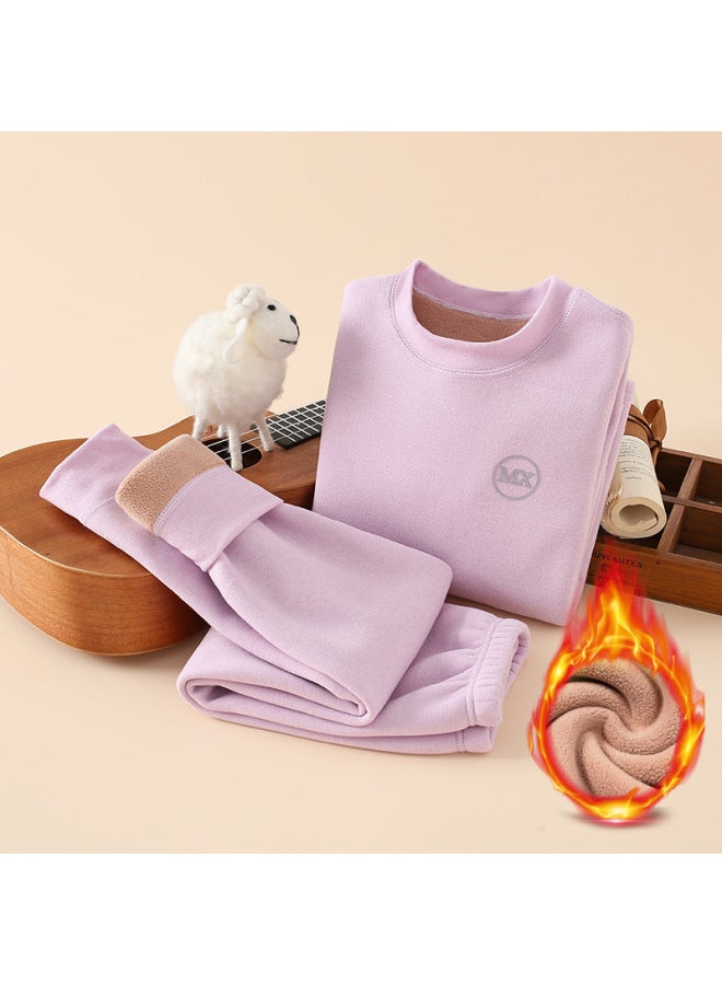 ملابس داخلية حرارية سميكة مبطنة بالفراء للأطفال، بدلة للأولاد والبنات، قميص داخلي للخريف والشتاء، ملابس خريف سميكة إضافية للطفل، وسراويل خريفية بدون خياطة - Image 1