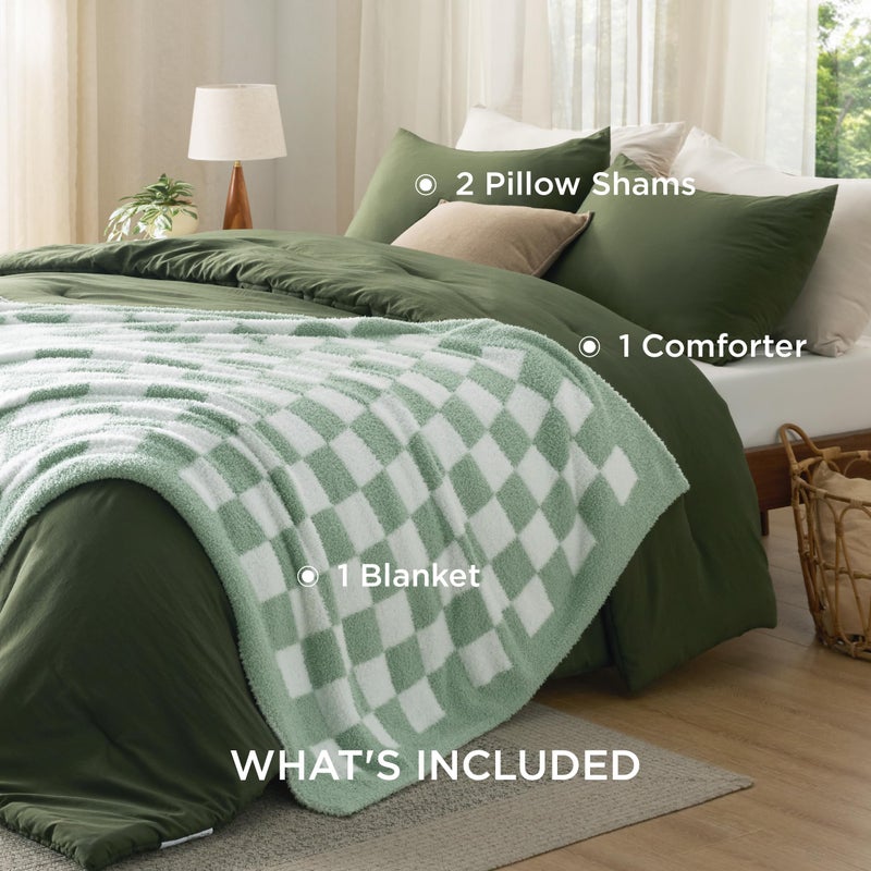 Bedsure Twin Comforter Set with Checkered Throw Blanket for Couch - 3 Pieces, 1 Olive Green Comforter Twin Size, 1 Pillow Sham, 1 Checkered Blanket, Super Soft, Lightweight & Fluffy for Bed & Sofa - Image 5