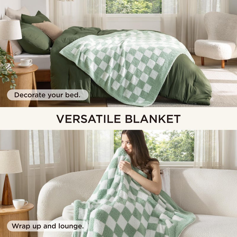 Bedsure Twin Comforter Set with Checkered Throw Blanket for Couch - 3 Pieces, 1 Olive Green Comforter Twin Size, 1 Pillow Sham, 1 Checkered Blanket, Super Soft, Lightweight & Fluffy for Bed & Sofa - Image 2