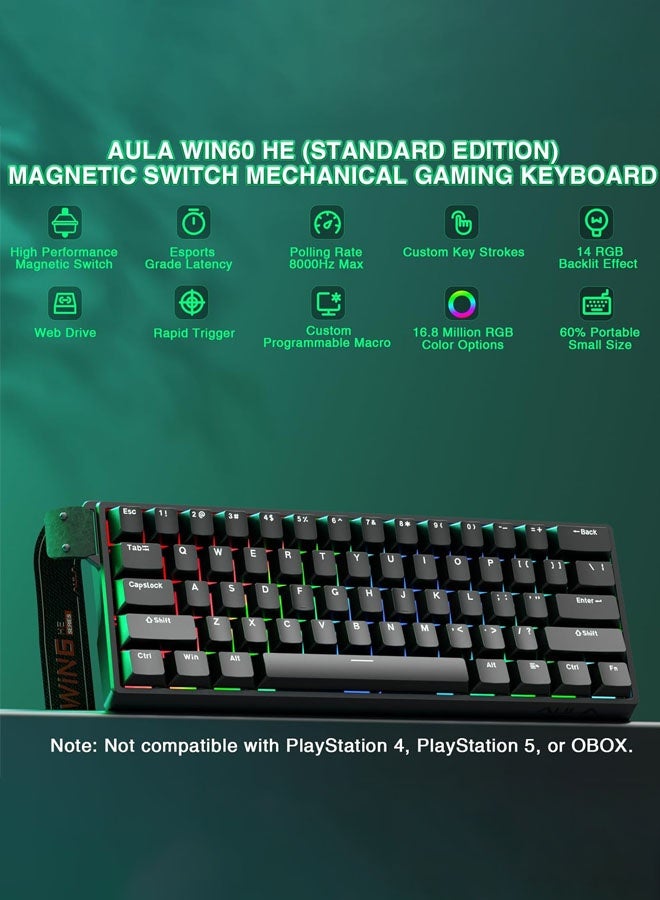 AULA WIN60 HE 60% Gaming Keyboard,Mechanical Keyboard Wired, Magnetic Switch Hot Swappable, Adjustable Actuation Rapid Trigger Mode, 8000 Hz Polling Rate, RGB Small Keyboard 60 Percent Compact Design for PC - Image 5